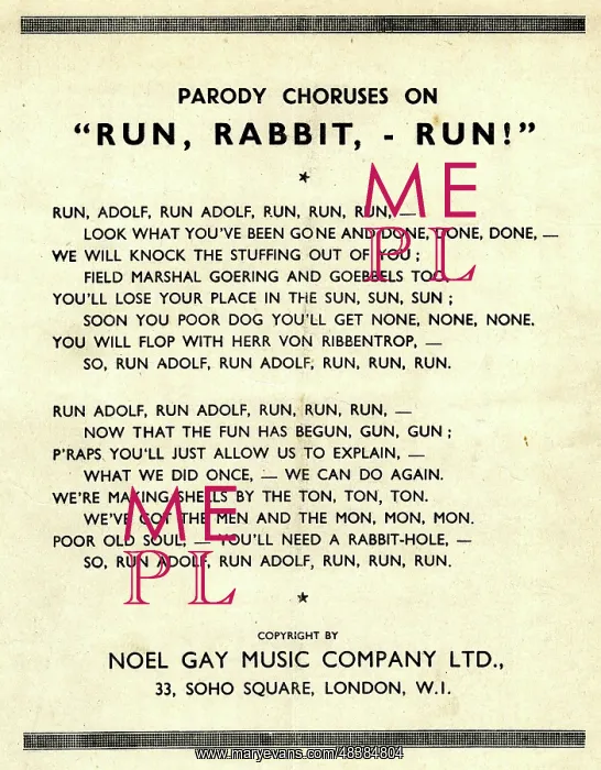: Sheet music - Run, Adolf, Run, WW2 : Sheet music - Run, Adolf, Run, WW2