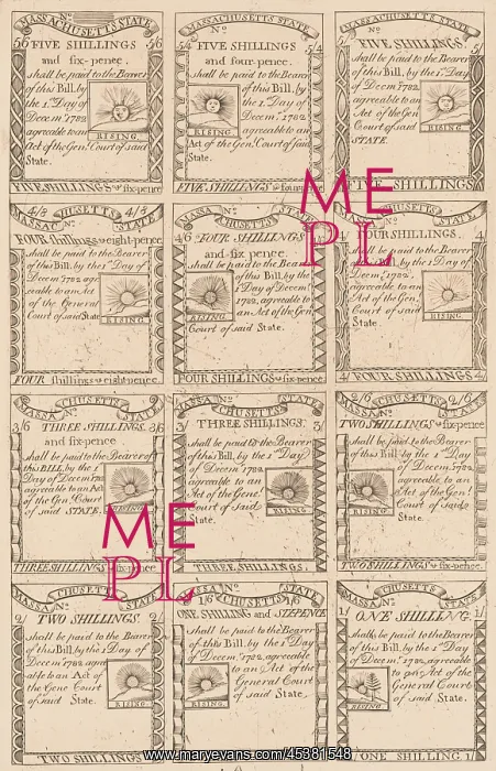 : Sheet of uncut Massachusetts currency of 5 : Sheet of uncut Massachusetts currency of 5