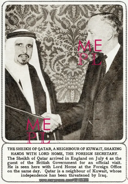 : Sheikh of Qatar shakes hands Lord Home : Sheikh of Qatar shakes hands Lord Home