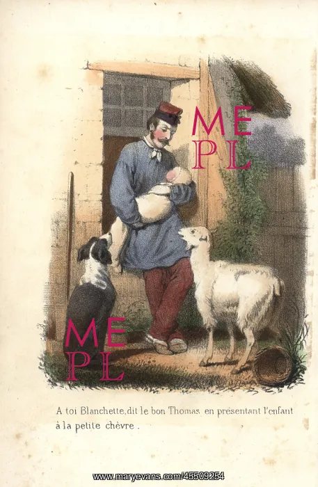 : A shepherd and baby with dog and young goat : A shepherd and baby with dog and young goat