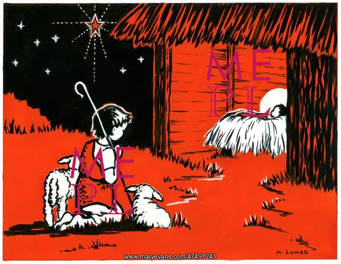 : Shepherd boy with lambs kneeling outside stable : Shepherd boy with lambs kneeling outside stable
