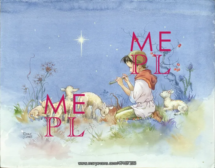  : Shepherd boy playing flute with lambs and star in the sky