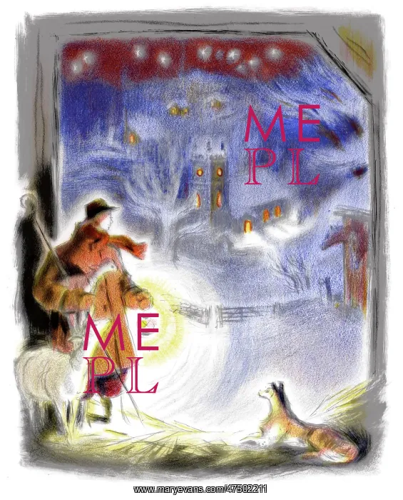 : Shepherd with lamb & lantern looking at church : Shepherd with lamb & lantern looking at church