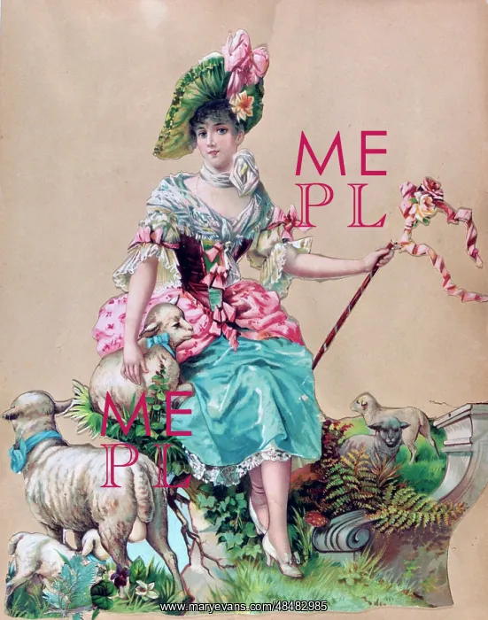 : Shepherdess sitting watching sheep. 19th century : Shepherdess sitting watching sheep. 19th century