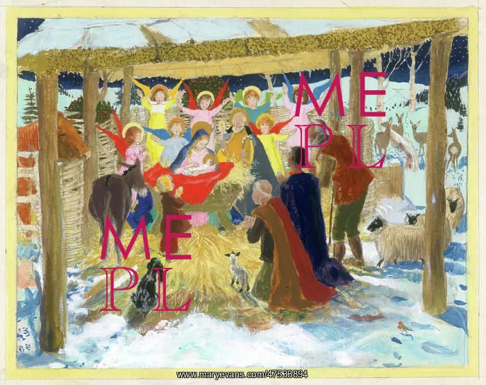 : Shepherds in Stable with Angels behind Crib : Shepherds in Stable with Angels behind Crib