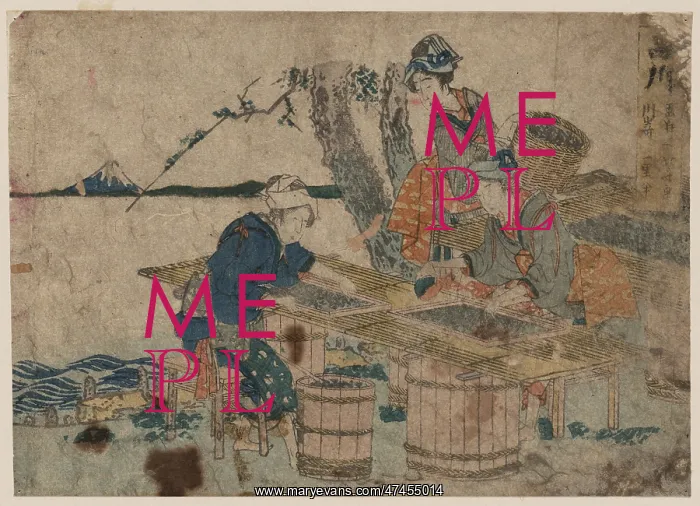 : Shinagawa. Print shows three women sorting clams by size : Shinagawa. Print shows three women sorting clams by size