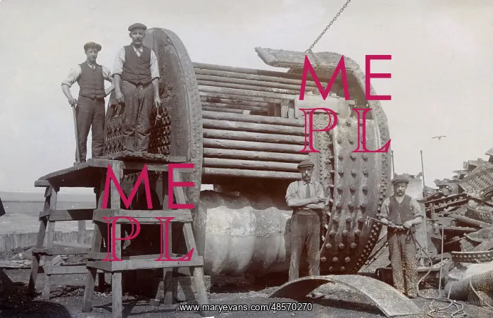 : Ship breakers of T W Ward Ltd, with old boiler : Ship breakers of T W Ward Ltd, with old boiler