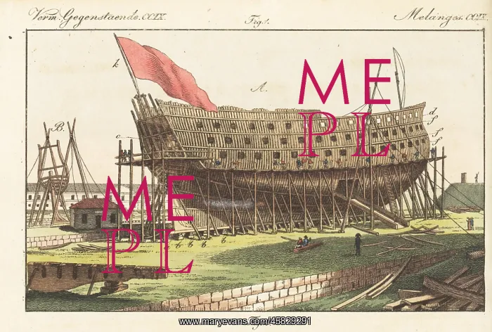 : Ship of the line under construction in a shipyard, 1800s : Ship of the line under construction in a shipyard, 1800s
