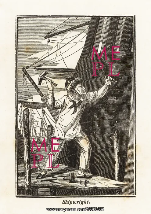 : Shipwright driving wedges into the stern of a ship : Shipwright driving wedges into the stern of a ship