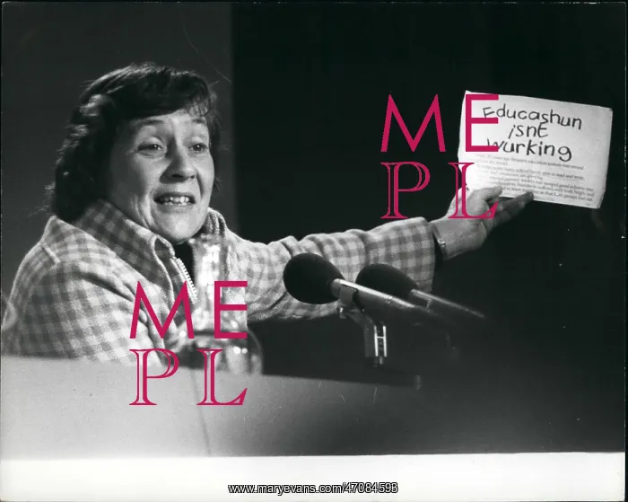 : Shirley Williams, Education Secretary, misspelt leaflet : Shirley Williams, Education Secretary, misspelt leaflet