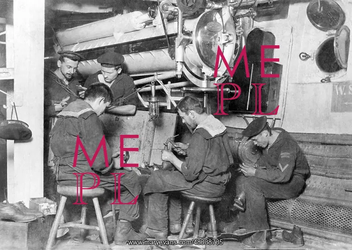 : Shoemaker's workshop on board a German warship, 1905 : Shoemaker's workshop on board a German warship, 1905