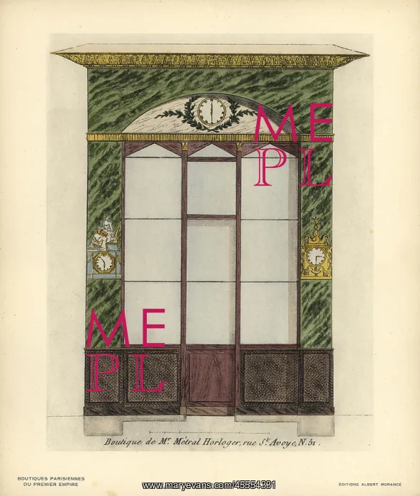 : Shopfront of Metral's clockmaker, Paris, circa 1800 : Shopfront of Metral's clockmaker, Paris, circa 1800