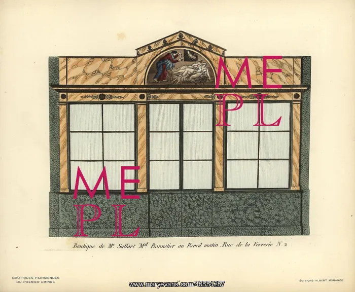 : Shopfront of Sallart's hatmaker, Paris, circa 1800 : Shopfront of Sallart's hatmaker, Paris, circa 1800