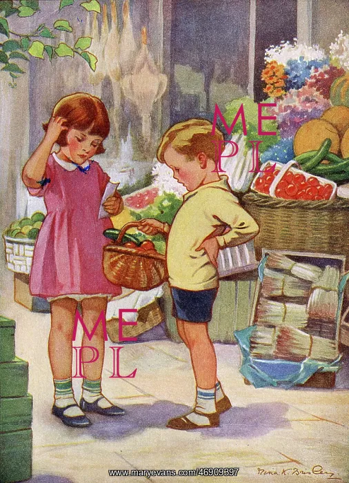: Shopping. Two children pause during a shopping trip to survey their list : Shopping. Two children pause during a shopping trip to survey their list