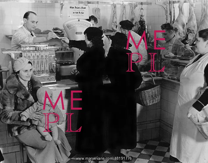 : Shopping at a butchers, 1936 : Shopping at a butchers, 1936