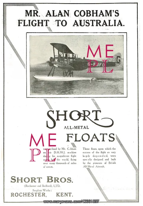 : Short All Metal Floats Fitted To Mr Alan Cobham's D.H.50.J : Short All Metal Floats Fitted To Mr Alan Cobham's D.H.50.J