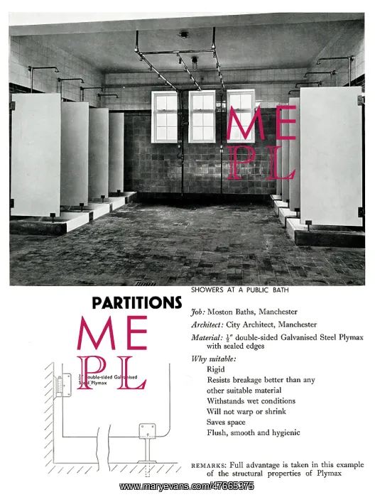 : Shower partitions at public baths, Moston, Manchester : Shower partitions at public baths, Moston, Manchester