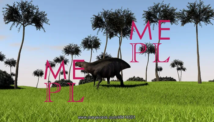 : Shuangmiaosaurus walking across a grassy field : Shuangmiaosaurus walking across a grassy field