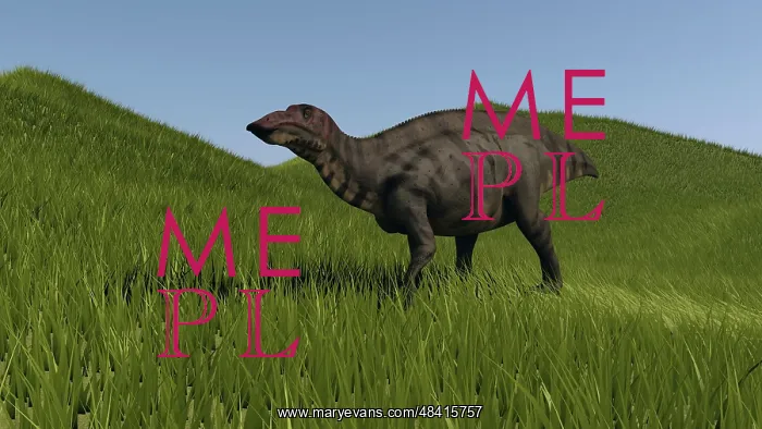 : Shuangmiaosaurus walking across a grassy field : Shuangmiaosaurus walking across a grassy field