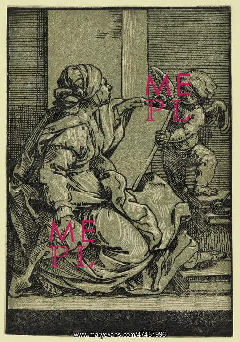 : Sibyll. Print shows a seated woman holding a tablet and quill, conversing with a putto : Sibyll. Print shows a seated woman holding a tablet and quill, conversing with a putto
