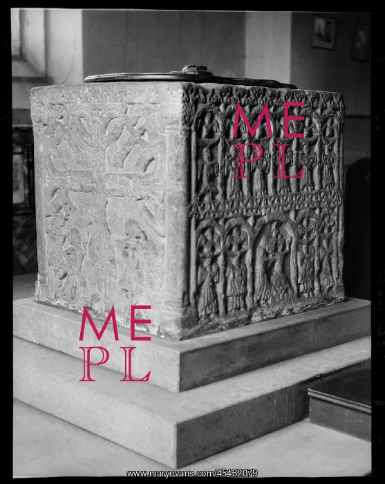 : Detail of two sides of a 12th century cubical font : Detail of two sides of a 12th century cubical font