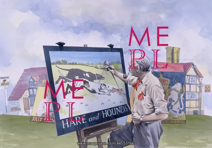 : A signwriter painting a pub sign : A signwriter painting a pub sign