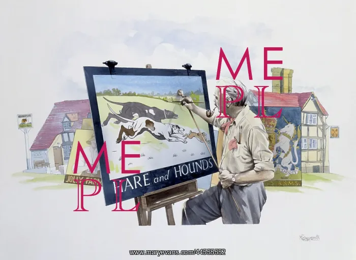 : A signwriter painting a pub sign : A signwriter painting a pub sign