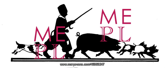 : Silhouette of a boy with pig and piglets : Silhouette of a boy with pig and piglets