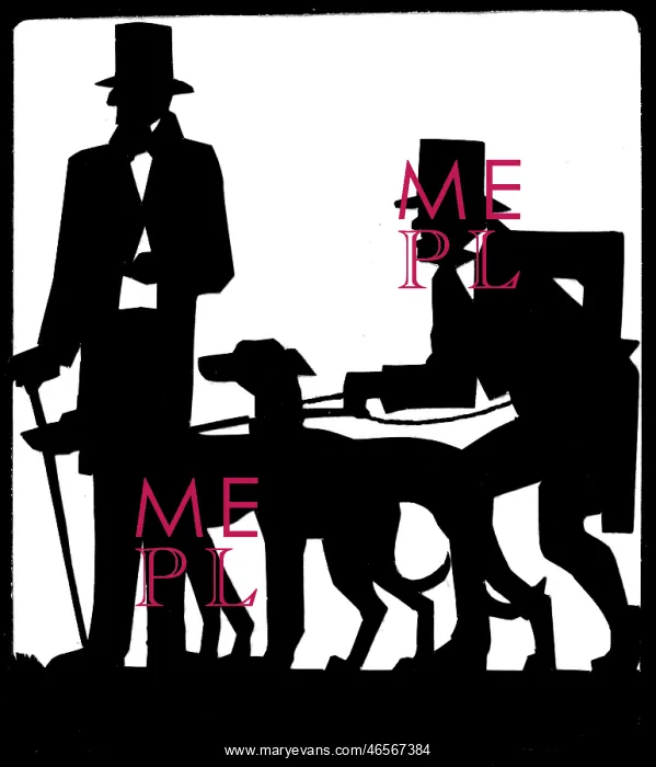  : Silhouette of two men with dogs