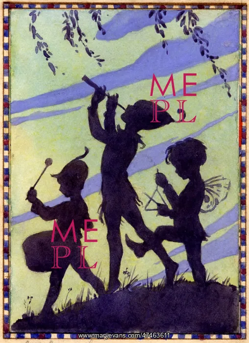 : Three silhouetted elfin musicians : Three silhouetted elfin musicians