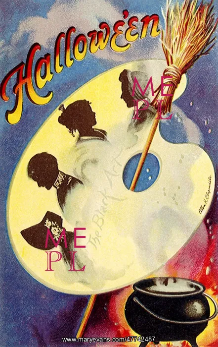 : Silhouettes on palette with broom stick and black cauldron : Silhouettes on palette with broom stick and black cauldron