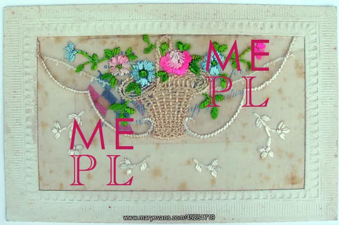 : Silk postcard embroidered with flowers in a basket : Silk postcard embroidered with flowers in a basket