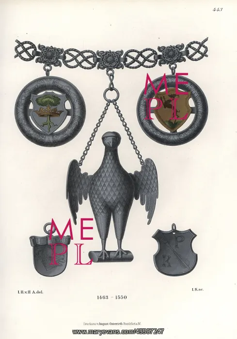 : Silver chain with eagle amulet, coats of arms, and shields : Silver chain with eagle amulet, coats of arms, and shields