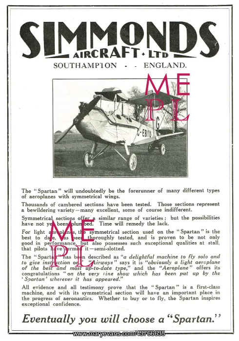 : Simmonds Aircraft Ltd: Southampton England G-EBYU : Simmonds Aircraft Ltd: Southampton England G-EBYU