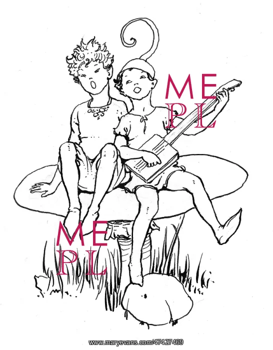 : Two sing elves sitting on toadstool : Two sing elves sitting on toadstool