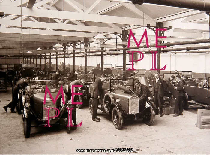 : Singer Cars factory interior with workers, Coventry, England : Singer Cars factory interior with workers, Coventry, England