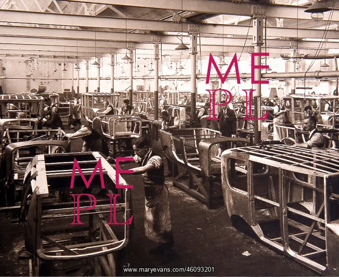 : Singer Cars factory interior with workers, Coventry, England : Singer Cars factory interior with workers, Coventry, England