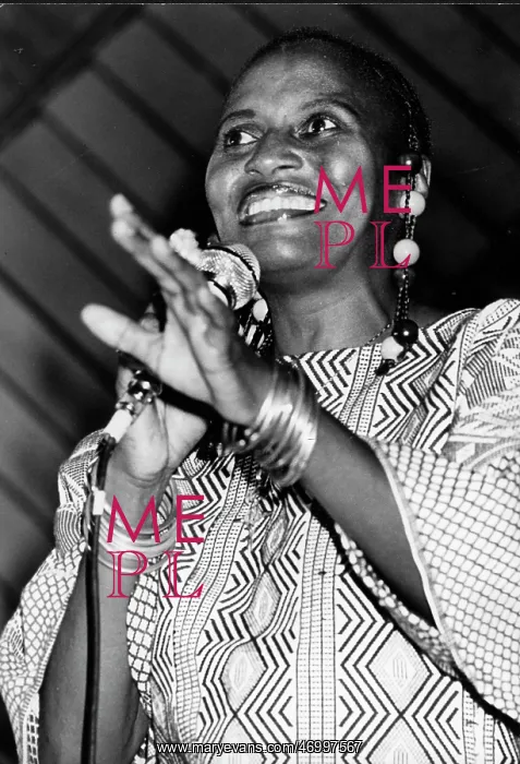 : Singer Miriam Makeba performing on stage in London : Singer Miriam Makeba performing on stage in London