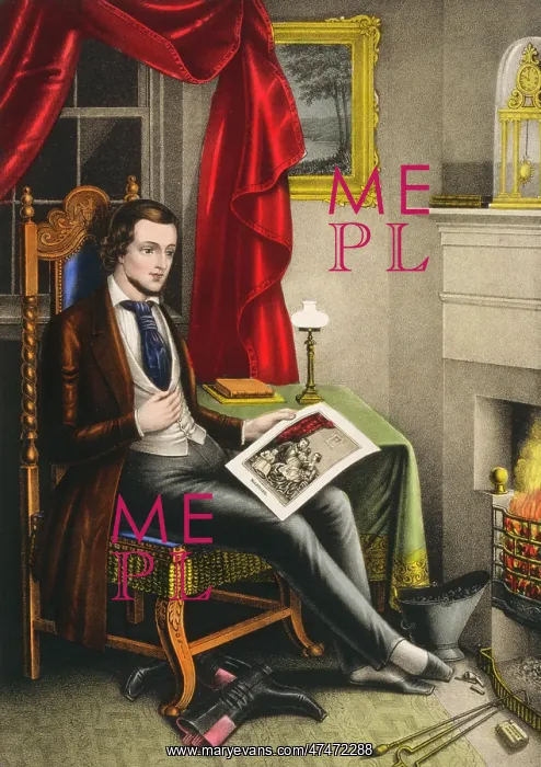 : Single. Man seated in chair, looking at picture of a family. Date c1846 : Single. Man seated in chair, looking at picture of a family. Date c1846
