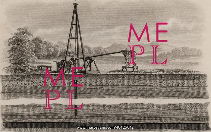 : Sinking an exploratory bore hole 1862. Engraving : Sinking an exploratory bore hole 1862. Engraving
