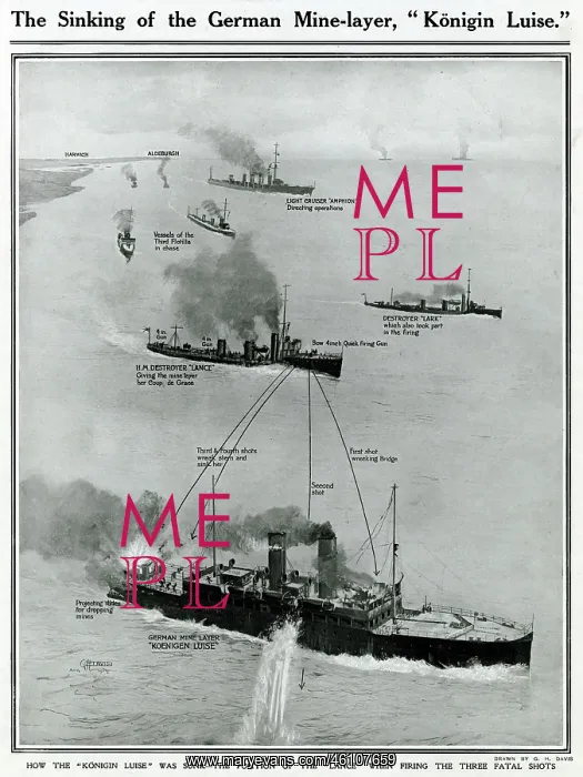 : Sinking of German ship, Konigin Luise, by G. H. Davis : Sinking of German ship, Konigin Luise, by G. H. Davis