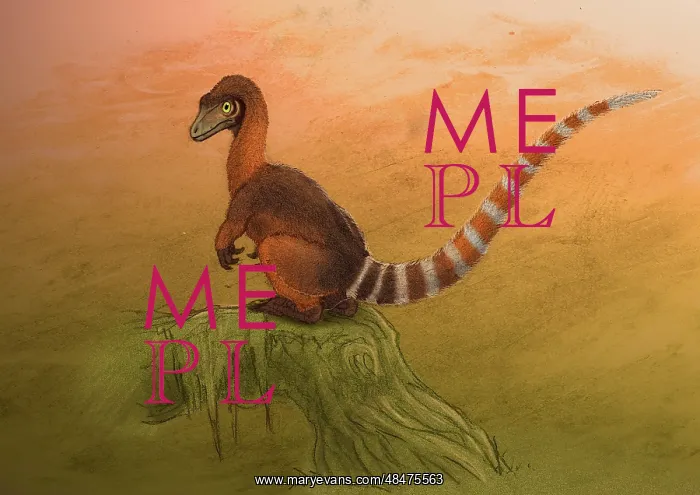  : A Sinosauropteryx dinosaur resting on a log