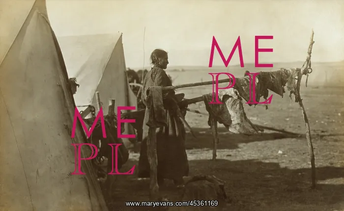 : Sioux woman standing between two frames on which : Sioux woman standing between two frames on which