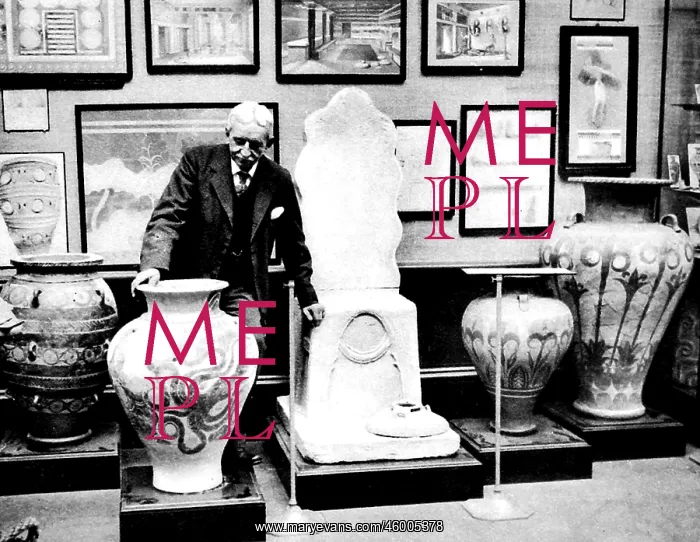 : Sir Arthur Evans arranging exhibits, Burlington House, Londo : Sir Arthur Evans arranging exhibits, Burlington House, Londo