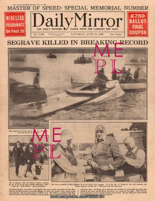 : Sir Henry Segrave killed breaking speed record : Sir Henry Segrave killed breaking speed record