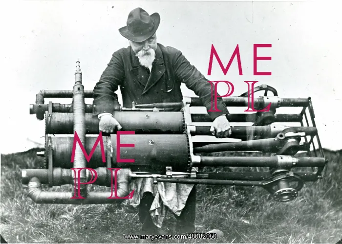 : Sir Hiram Maxim in 1894 with one of the two steam engine : Sir Hiram Maxim in 1894 with one of the two steam engine