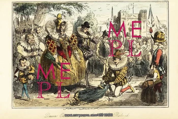 : Sir Walter Raleigh laying his cape over a puddle for : Sir Walter Raleigh laying his cape over a puddle for