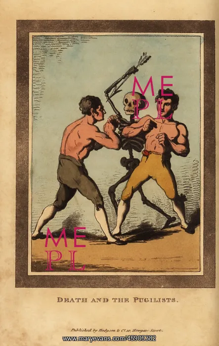 : Skeleton of death aiming a dart at bareknuckle boxers : Skeleton of death aiming a dart at bareknuckle boxers