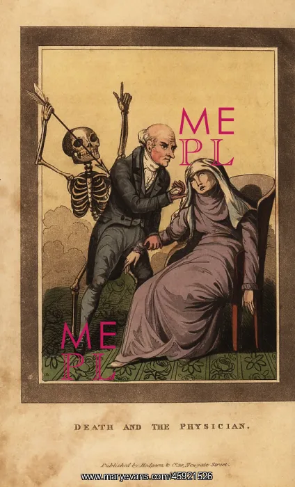 : Skeleton of death aiming a dart at a doctor : Skeleton of death aiming a dart at a doctor