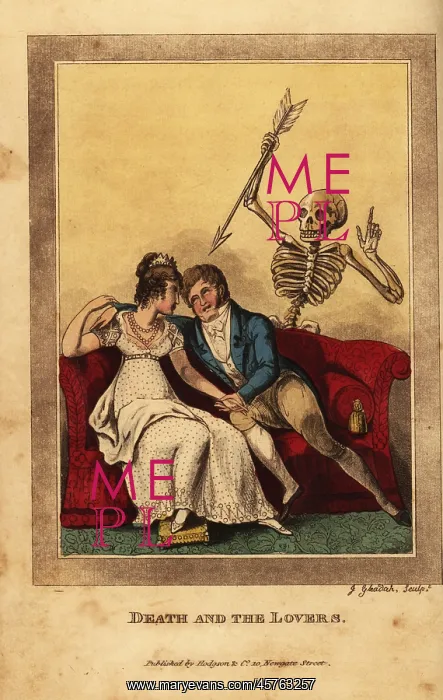 : Skeleton of death aiming a dart at a lovers on a sofa : Skeleton of death aiming a dart at a lovers on a sofa